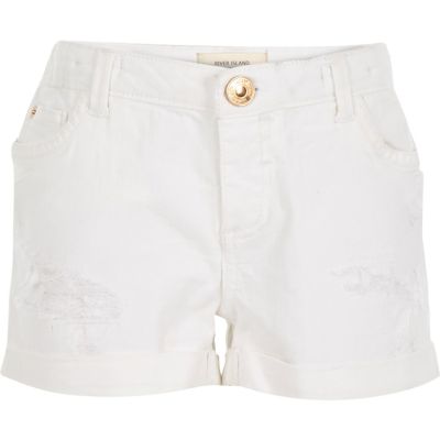 Girls white distressed denim shorts